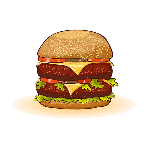 Appetizing big double cheeseburger with beef patties or steak, cheese, tomatoes, pickles, lettuce. - Vector, Image