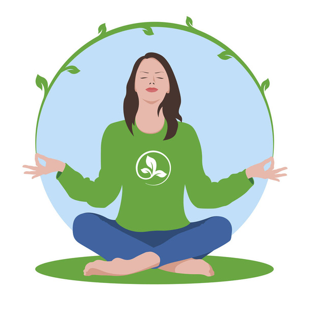 Girl sitting in Zen lotus pose and meditating. Girl in harmony with nature. Vector illustration on white background - Vector, Image