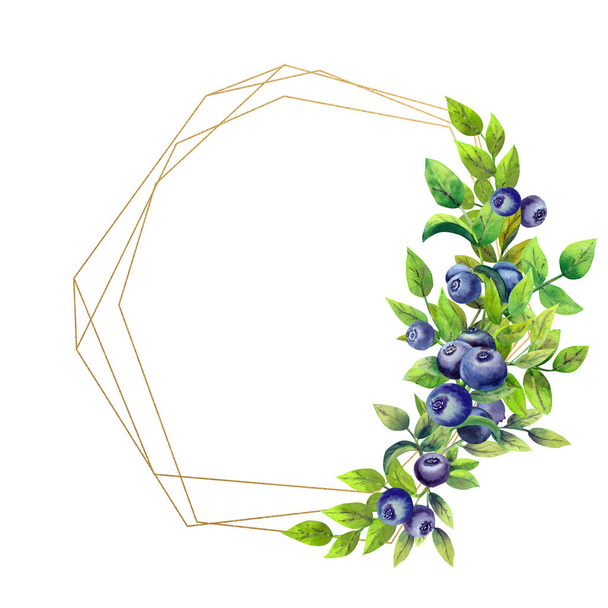 Golden geometric frame with ripe blueberries on white isolated background. Watercolor illustration. - Foto, imagen