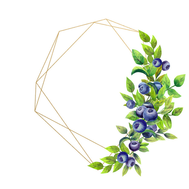 Goldener geometrischer Rahmen mit reifen Blaubeeren auf weißem, isoliertem Hintergrund. Aquarellillustration. - Foto, Bild