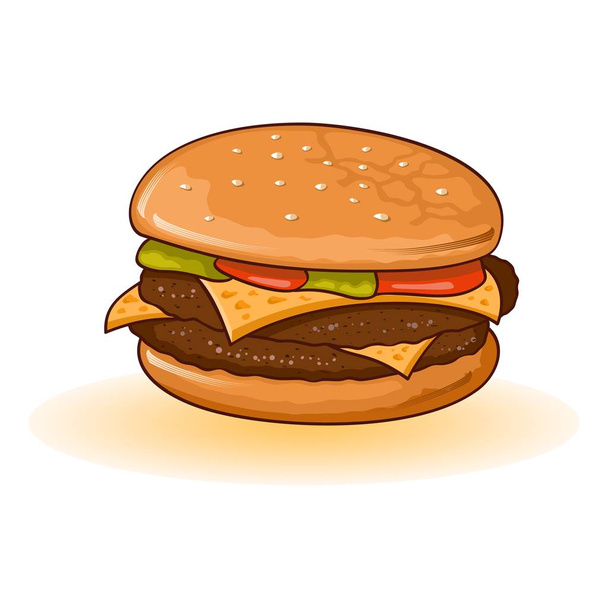 Appetizing big double cheeseburger with beef patties or steak, cheese, tomatoes, pickles, lettuce. - Vector, Image