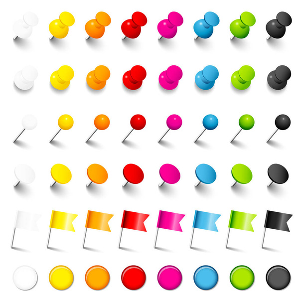 Zes verschillende pinnen naalden vlaggen en magneten met schaduw acht kleuren - Vector, afbeelding