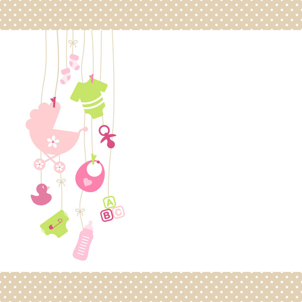 Left Hanging Baby Icons Girl Pink And Green Dot Border Beige - Вектор, зображення