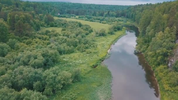 Beautiful view of Russian river near green meadow covered with shrubs, flowers and trees and forest against cloudy sky in summer day. Stock footage. Picturesque view from above of Russian nature - Footage, Video