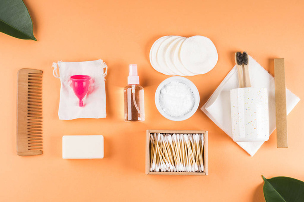 Zero waste beauty body care items on orange - Photo, Image