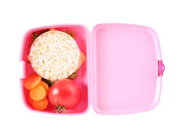 Lunch box with tasty food on white background - Fotoğraf, Görsel
