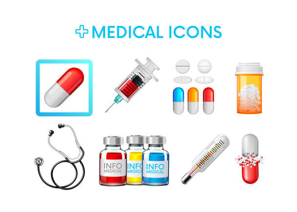 Set of medical icons,illustrations. Painkillers, capsules, antibiotics,thermometer, syringe,stethoscope,ampoule. Vector illustration. For your design or game apps. - Vektör, Görsel