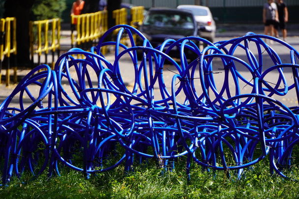niebieski wąż osieroconych w parku miejskim, krajobrazu miasta, system nawadniania miasta Park, niezwykły sposób skręcania węża - Zdjęcie, obraz