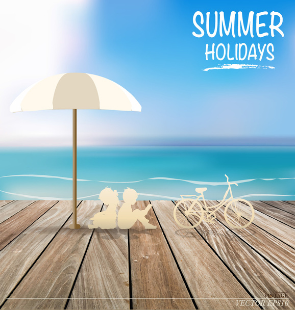 Summer holiday background with wood terrace. Vector illustration - Vector, Imagen
