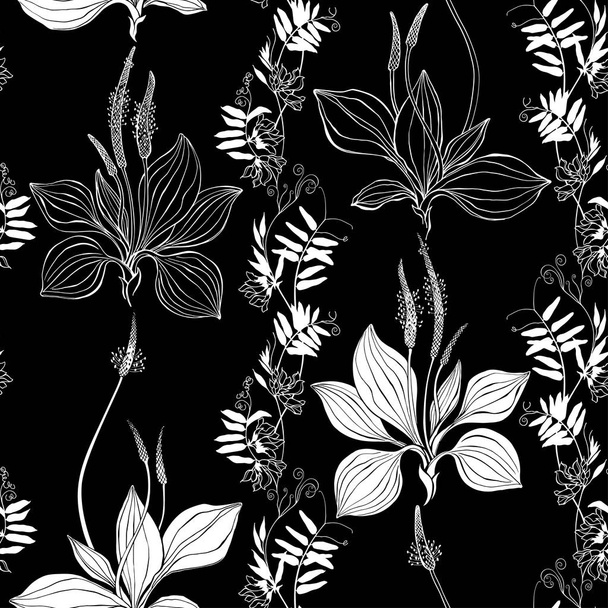 Seamless vector pattern with wildflowers on black background. Grass mouse peas with flowers and plantain.Silhouettes and outline. - Vecteur, image