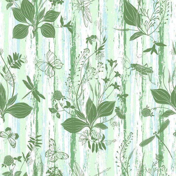 Seamless vector pattern on texture background. Grass mouse peas with flowers, plantain and shepherd's purse, bluebell, chamomile, clover,dragonfly and grasshopper. - Вектор, зображення