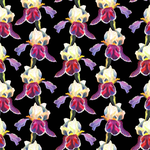 Floral seamless pattern with oil painted irises on black background - Foto, afbeelding
