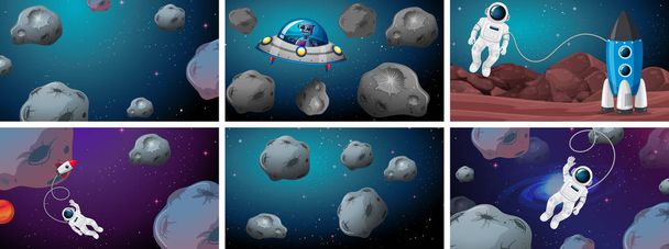 宇宙飛行士と小惑星のシーンのセット - ベクター画像