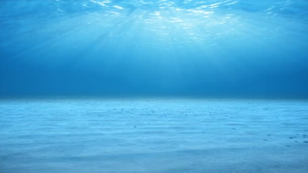 Rays of sunlight shining from above penetrate deep clear blue water. Caustic effect in the seabed. Sunlight beams underwater. Small bubbles move up. Seamless Loop-able 3D Animation 4K - Felvétel, videó