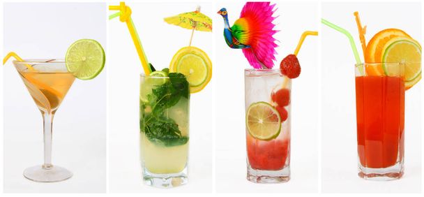 Collage de diferentes bebidas sobre un fondo blanco
. - Foto, imagen