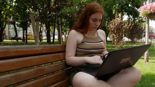 Red-haired girl working behind a laptop in the park, sunny day on the bench - Video