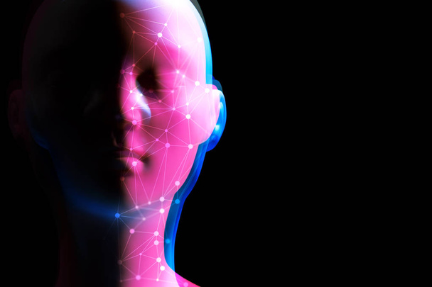 AI ρομπότ βιονικό αυτόματο πρόσωπο, τεχνολογία Network Server σε απευθείας σύνδεση, εικόνα φόντο 3D απόδοση, τουριστικό πανκ φουτουριστική στυλ - Φωτογραφία, εικόνα
