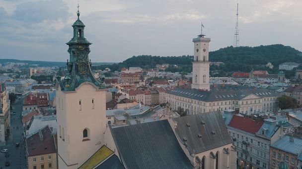 Aerial City Lviv, Ukraine. European City. Popular areas of the city. Town Hall - Photo, Image