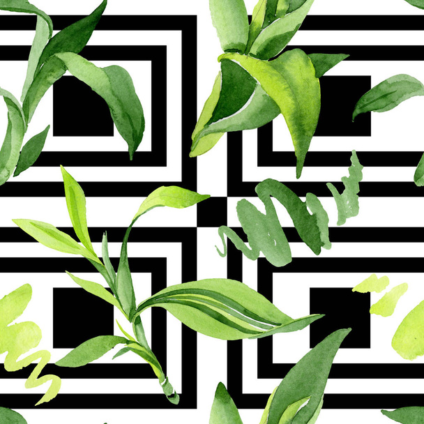 Bamboo green leaves. Watercolor background illustration set. Seamless background pattern. - Foto, afbeelding