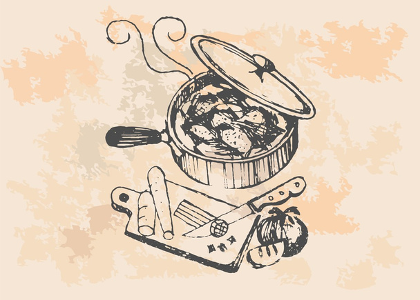 κοτόπουλο στο τηγάνι - ρετρό κλιπ εικονογράφηση - Διάνυσμα, εικόνα
