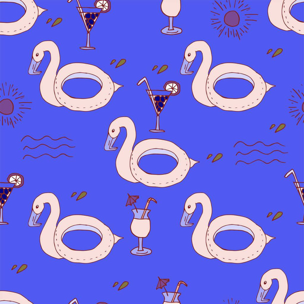 Seamless pattern with pink flamingo lifebuoy and coctail on blue background. Summer wallpaper. Hand drawn style. - Vektör, Görsel