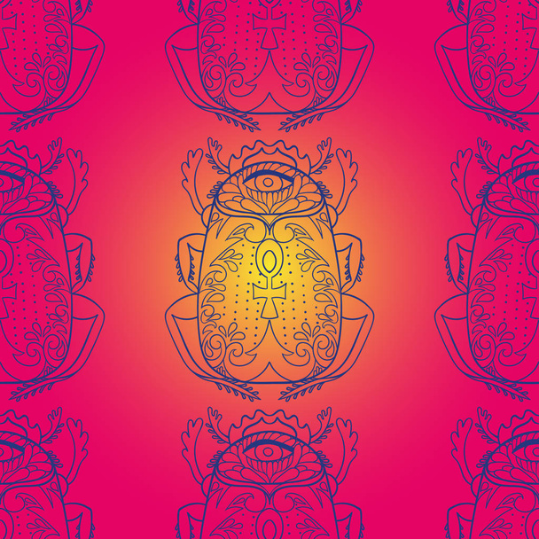 Seamless pattern with decorative scarab with egyptian cross and all seeing eye. Hand drawn style. Pink and yellow color. Outline. - Vector, imagen