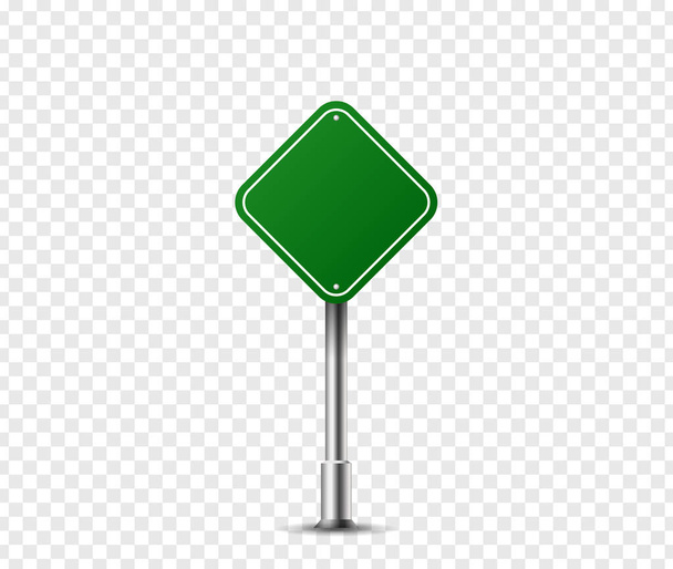 Realistische Rhombus verkeersbord op metalen stalen paal geïsoleerd. Groene Road panel mockup-richting snelweg, bordtekst, stad locatie, straat pijl, stop, gevaar, waarschuwing bewegwijzering. Vector illustratie - Vector, afbeelding