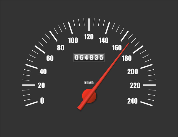 Realistic speedometer isolated on black background. Sport car odometer with motor miles measuring scale. Racing speed counter. Engine power concept template. Vector illustration - Vector, Image