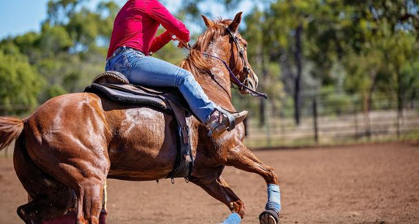 Horse And Rider Competing In Barrel Race At Outback Country Rodeo - Photo, Image