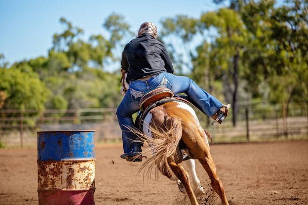 Horse And Rider Competing In Barrel Race At Outback Country Rodeo - Photo, Image