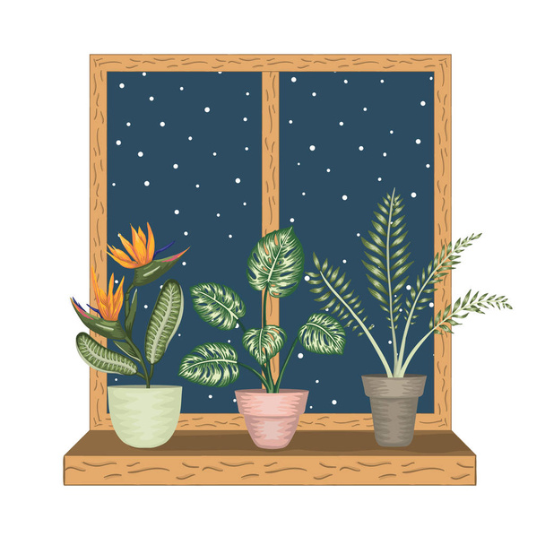 Window with tropical houseplants in pots. Snowy weather view - Vector, Image