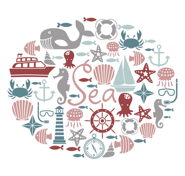 Round shape card with sea icons - Vettoriali, immagini