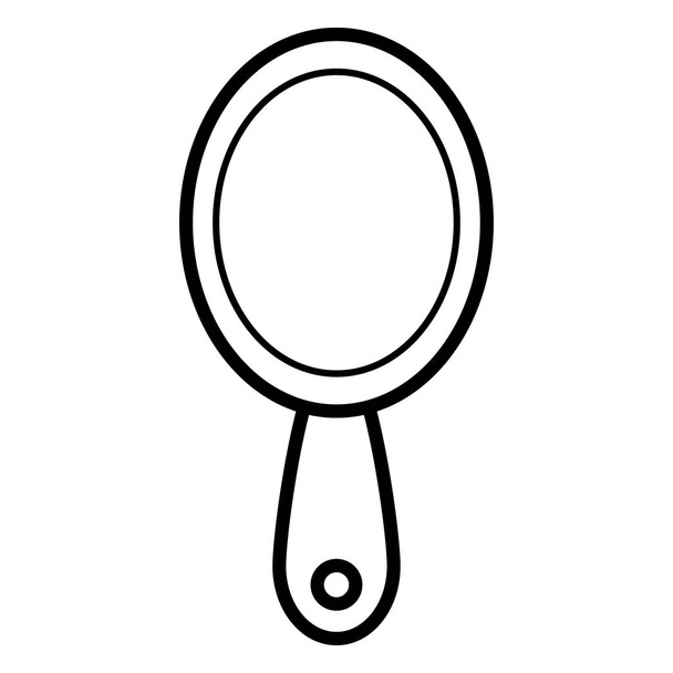 Zwart-wit eenvoudig lineair pictogram van een trendy glamoureuze ovale spiegel voor het aanbrengen van make-up met een handvat voor schoonheids begeleiding. Vector illustratie - Vector, afbeelding