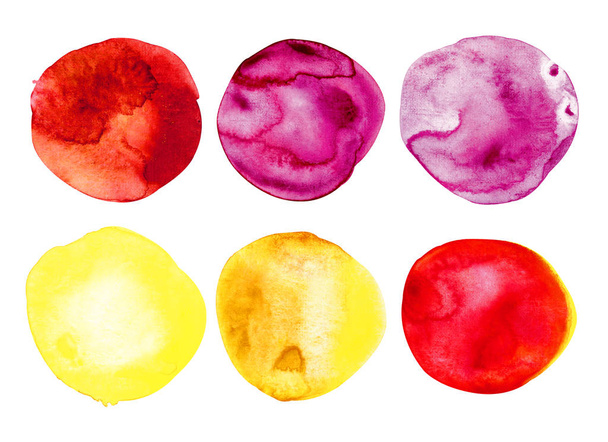 Set of round watercolor stains isolated on a white background. Watercolor texture of pink, yellow, red, orange, crimson. - Photo, Image