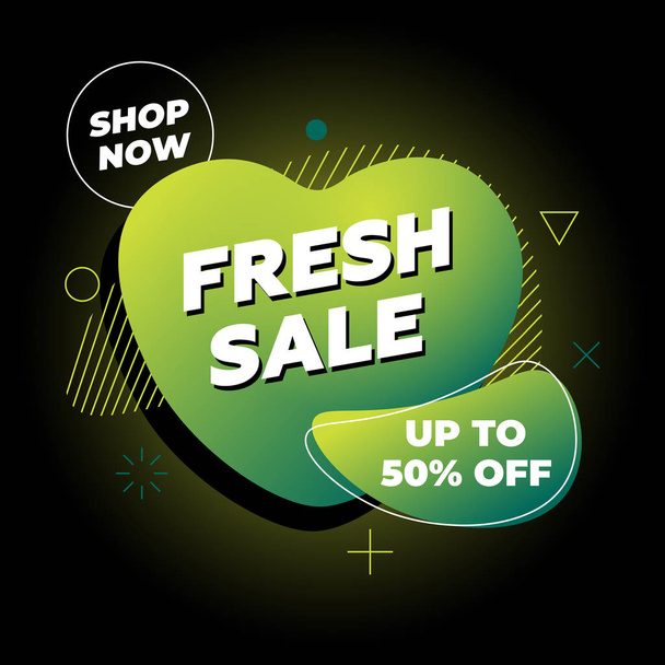Fresh sale banner. Shop now template design on abstract liquid shape. Flat geometric gradient colored graphic element in heart fluid form on black background. Modern vector illustration - Vektor, obrázek