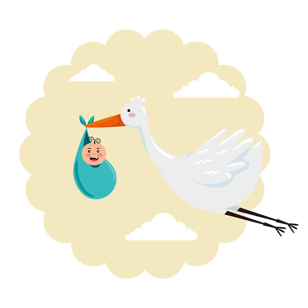 cartão de banho de bebê com cegonha e pequeno recém-nascido
 - Vetor, Imagem