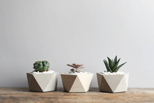 Beautiful succulent plants in stylish flowerpots on table against light background, space for text. Home decor - Zdjęcie, obraz
