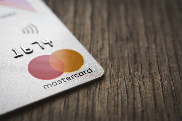 MINSK, BELARUS - July 31, 2019. Mastercard logos on credit cards. - Zdjęcie, obraz