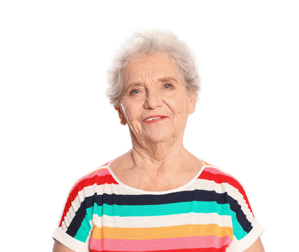 Portrait of elderly woman on white background - Fotoğraf, Görsel