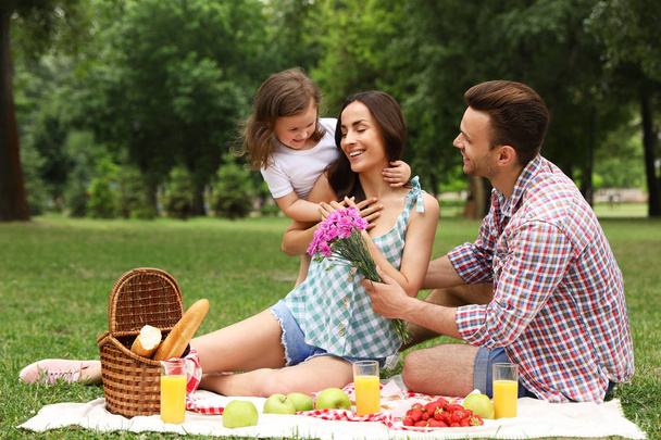 Happy family having picnic in park on summer day - Foto, immagini