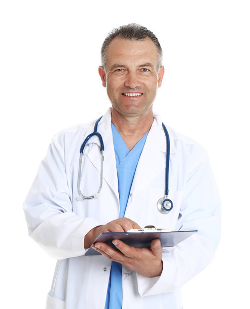 Portrait of experienced doctor in uniform on white background. Medical service - Foto, Imagem
