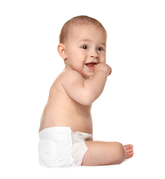 Mignon petit bébé assis sur fond blanc
 - Photo, image
