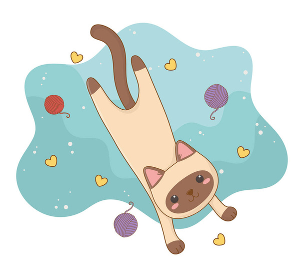χαριτωμένο μικρό μασκότ γάτα με μαλλί ρολό και καρδιές μοτίβο - Διάνυσμα, εικόνα