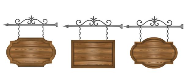 set wooden sign boards on chain banners vector - Vector, Image