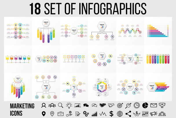 Elementi infografici vettoriali Template Design. Cronologia di visualizzazione dei dati aziendali con passaggi opzioni e icone di marketing
 - Vettoriali, immagini
