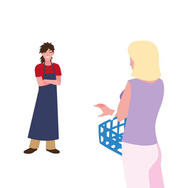 Prodávající žena se zákaznickým nákupním košíkem - Vektor, obrázek