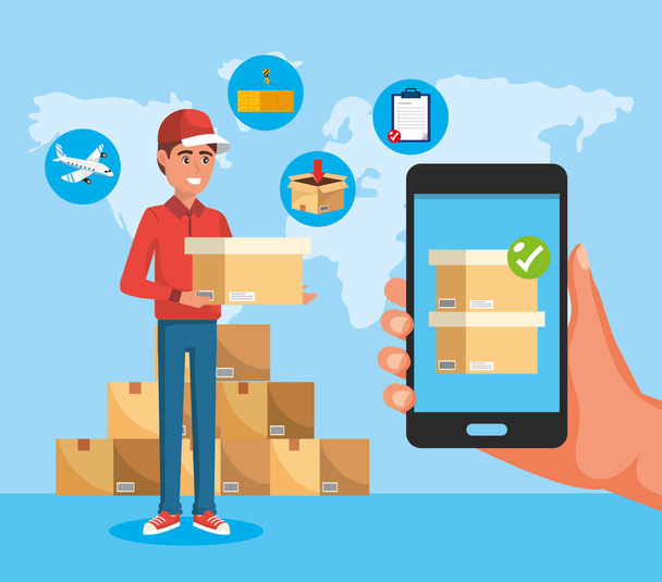delivery man with boxes service and smartphone technology in the hand - Vector, Image