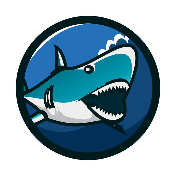 Diseño del logotipo del emblema del círculo de tiburón. Shark icon logo identity. Ilustración de vector de cabeza de tiburón
 - Vector, imagen