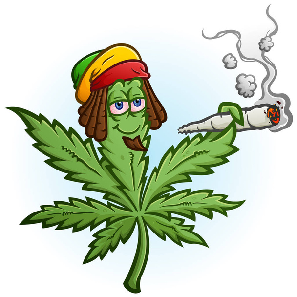 Um alegre personagem de desenho animado de vetor de maconha ficando alto e fumando uma enorme maconha enrolada e vestindo um chapéu Rastafari
 - Vetor, Imagem