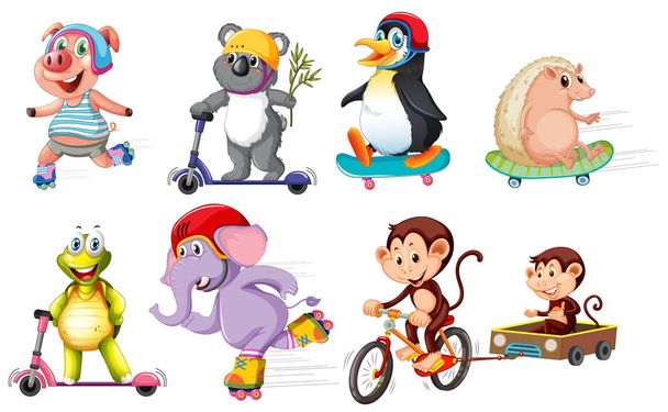 Set of animals riding bikes and scooters - Vector, Image